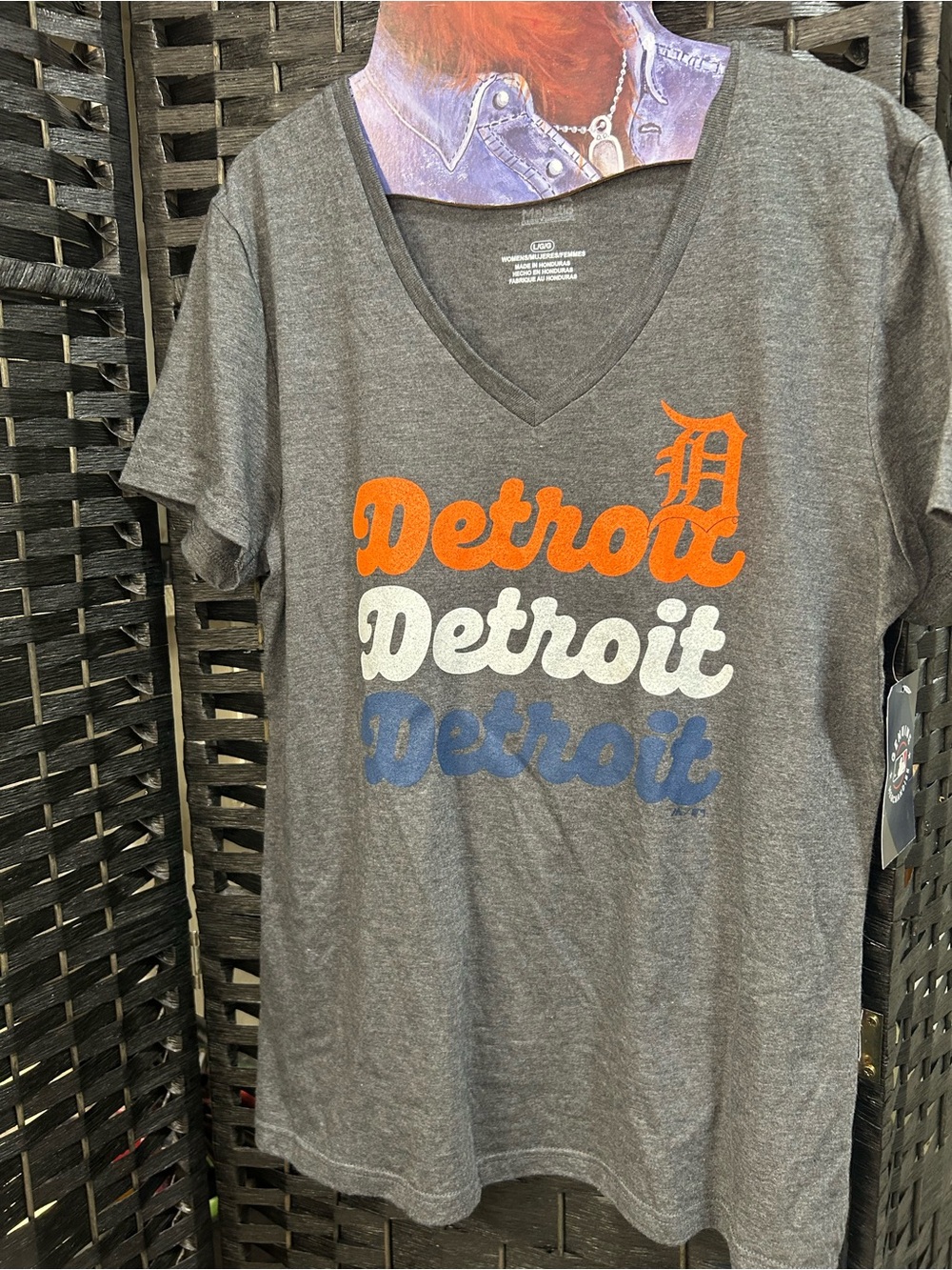 Detroit Script V-Neck Tee - Gray with Orange, White, Blue Print